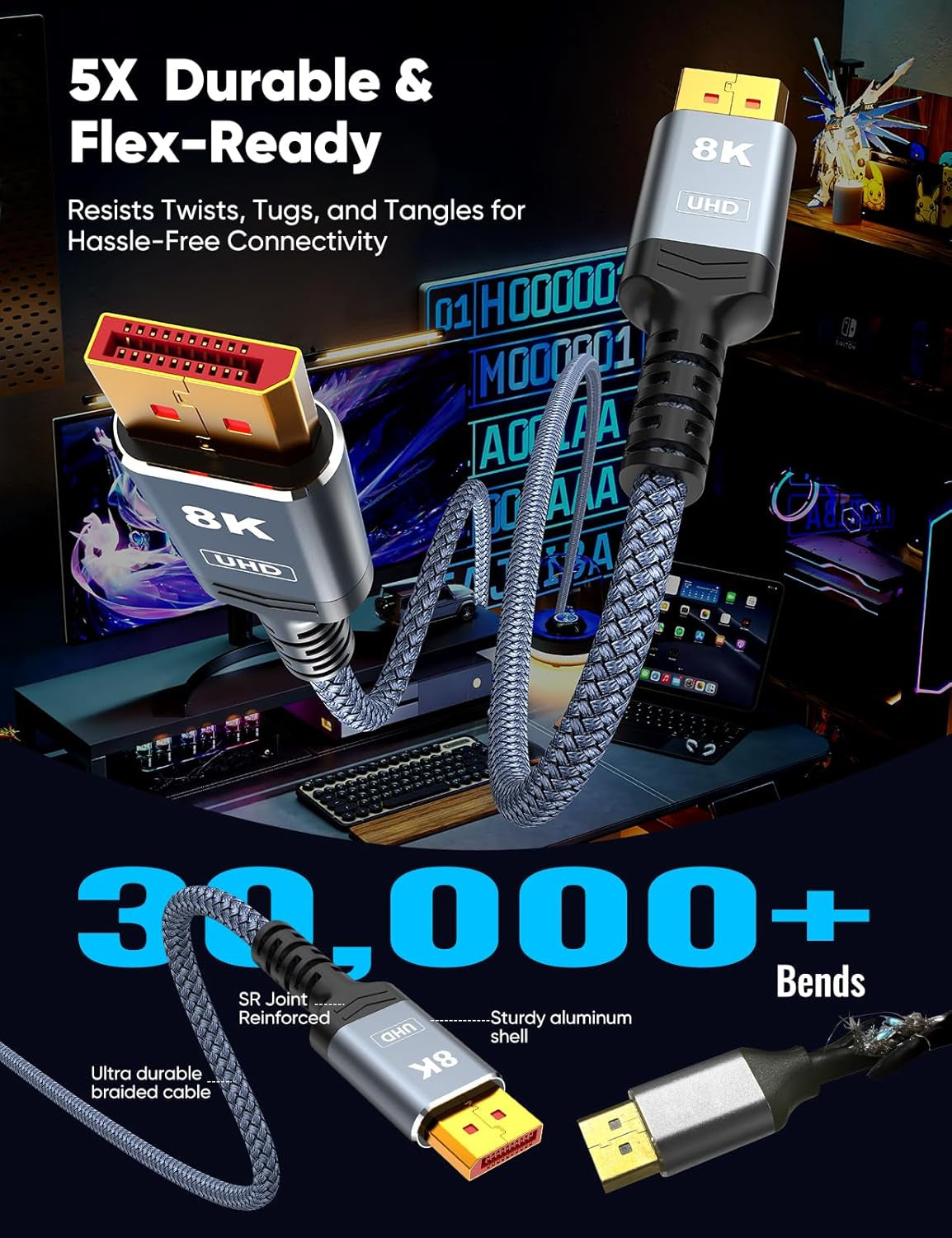 8K Displayport Cable 1.4, VESA Certified 6.6FT DP Cord (8K@60Hz, 4K@144Hz, 2K@240Hz), 32.4Gbps Display Port Cable for Gaming Monitor, Graphic, PC, HDR/HDCP 2.2/Freesync/G-Sync, Braided, Grey
